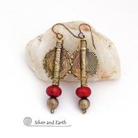 African Brass Sun Coin Earrings with Red Coral - Ethnic Cultural Tribal Afrocentric Style Fashion Jewelry