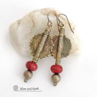 African Brass Sun Coin Earrings with Red Coral - Ethnic Cultural Tribal Afrocentric Style Fashion Jewelry