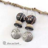 Sterling Silver Circle Earrings with Hand Stamped Texture & African Clay Beads - Unique Funky Artsy Ethnic Jewelry