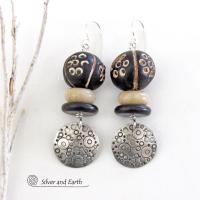 Sterling Silver Circle Earrings with Hand Stamped Texture & African Clay Beads - Unique Funky Artsy Ethnic Jewelry