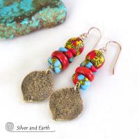 Gold Brass Dangle Earrings with Colorful African Glass Beads - Bold Unique Ethnic Boho Tribal Style Jewelry