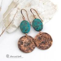 These handcrafted earrings feature copper dangles with a rustic, earthy organic hammered texture accented with natural African turquoise stones. They have an earthy chic style that coordinates beautifully with all wardrobe types. Handmade in the USA by Silver and Earth Jewelry. Your choice of ear wires - copper or hypoallergenic niobium. Makes a great gift for couples celebrating their seventh wedding anniversary, as copper is the traditional choice for this occasion.