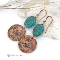These handcrafted earrings feature copper dangles with a rustic, earthy organic hammered texture accented with natural African turquoise stones. They have an earthy chic style that coordinates beautifully with all wardrobe types. Handmade in the USA by Silver and Earth Jewelry. Your choice of ear wires - copper or hypoallergenic niobium. Makes a great gift for couples celebrating their seventh wedding anniversary, as copper is the traditional choice for this occasion.