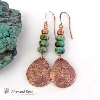 Hammered Copper Teardrop Dangle Earrings with African Turquoise Stones