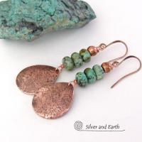 Hammered Copper Teardrop Dangle Earrings with African Turquoise Stones
