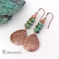 Hammered Copper Teardrop Dangle Earrings with African Turquoise Stones