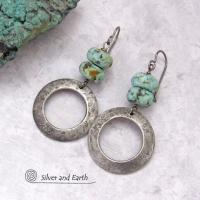 African Turquoise Silver Pewter Hoop Earrings - Modern Earthy Natural Gemstone Jewelry