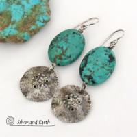 Hammered Sterling Silver Dangle Earrings with African Turquoise Stones - Handcrafted Earthy Organic Sterling Jewelry