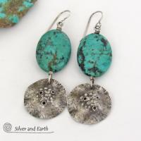 Hammered Sterling Silver Dangle Earrings with African Turquoise Stones - Handcrafted Earthy Organic Sterling Jewelry