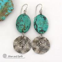 Hammered Sterling Silver Dangle Earrings with African Turquoise Stones - Handcrafted Earthy Organic Sterling Jewelry