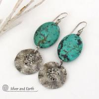 Hammered Sterling Silver Dangle Earrings with African Turquoise Stones - Handcrafted Earthy Organic Sterling Jewelry