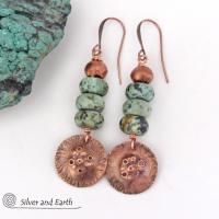 Hammered Copper Earrings with African Turquoise Stones - Modern Rustic Earthy Jewelry