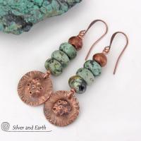 Hammered Copper Earrings with African Turquoise Stones - Modern Rustic Earthy Jewelry