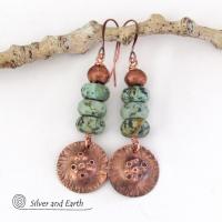 Hammered Copper Earrings with African Turquoise Stones - Modern Rustic Earthy Jewelry