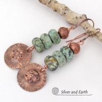 Hammered Copper Earrings with African Turquoise Stones - Modern Rustic Earthy Jewelry