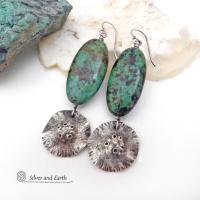 Long African Turquoise Stone Earrings with Rustic Hammered Sterling Silver Dangles