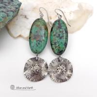 Long African Turquoise Stone Earrings with Rustic Hammered Sterling Silver Dangles