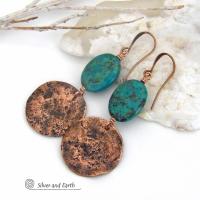 These handcrafted earrings feature copper dangles with a rustic, earthy organic hammered texture accented with natural African turquoise stones. They have an earthy chic style that coordinates beautifully with all wardrobe types. Handmade in the USA by Silver and Earth Jewelry. Your choice of ear wires - copper or hypoallergenic niobium. Makes a great gift for couples celebrating their seventh wedding anniversary, as copper is the traditional choice for this occasion.