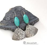 Blue Green Amazonite Gemstone Earrings with Hand Stamped Sterling Silver Dangles