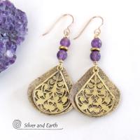 Purple Amethyst Gold Brass Dangle Earrings with Filigree Charms - February Birthstone Jewelry Gifts for Women