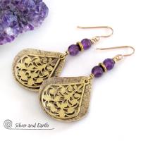 Purple Amethyst Gold Brass Dangle Earrings with Filigree Charms - February Birthstone Jewelry Gifts for Women