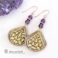 Purple Amethyst Gold Brass Dangle Earrings with Filigree Charms - February Birthstone Jewelry Gifts for Women