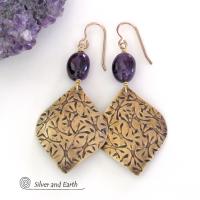 Purple Amethyst and Gold Brass Earrings - February Birthstone Jewelry Gifts for Women