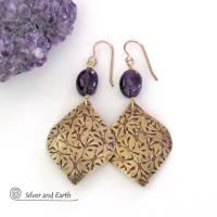 Purple Amethyst and Gold Brass Earrings - February Birthstone Jewelry Gifts for Women