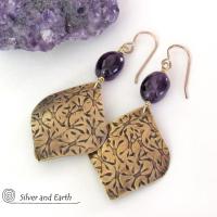 Purple Amethyst and Gold Brass Earrings - February Birthstone Jewelry Gifts for Women