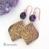 Purple Amethyst and Gold Brass Earrings - February Birthstone Jewelry Gifts for Women