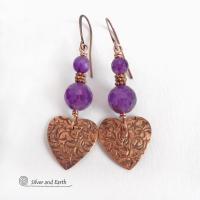 These handcrafted copper heart dangle earrings have a hand stamped texture and are accented with genuine purple amethyst gemstones with a faceted finish and tiny copper beads. Modern, classic and elegant - the style is always in fashion. The perfect gift for someone special on Valentine's Day or any day! They'll also make a great gift for someone with a February birthday or 6th anniversary - amethyst is the gemstone for either occasion. Or a 7th anniversary gift - copper is the traditional theme for this. 