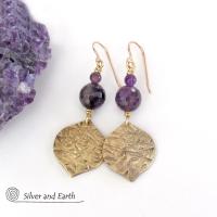 Purple Amethyst Gemstone Earrings with Gold Brass Dangles - Chic Modern February Birthstone Jewelry