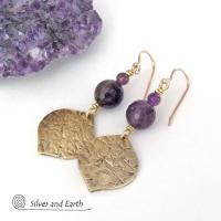 Purple Amethyst Gemstone Earrings with Gold Brass Dangles - Chic Modern February Birthstone Jewelry