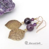 Purple Amethyst Gemstone Earrings with Gold Brass Dangles - Chic Modern February Birthstone Jewelry