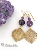 Purple Amethyst Gemstone Earrings with Gold Brass Dangles - Chic Modern February Birthstone Jewelry