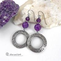 These handcrafted silver pewter hoop earrings have a hand stamped texture and are accented with a stack of purple amethyst gemstones and tiny stainless steel spacer beads. They have a modern, elegant chic style that will look great with all wardrobe styles - dressed up or down. Makes a great gift for someone with a February birthday - amethyst is that month's birthstone. Handmade in the USA by Silver and Earth Jewelry.