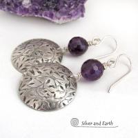 Round Sterling Silver Dangle Earrings with Faceted Amethyst Gemstones - February Birthstone Jewelry 
