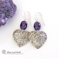 Sterling Silver Heart Earrings with Purple Amethyst Gemstones - Romantic Jewelry Gifts for Women