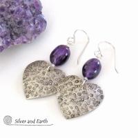 Sterling Silver Heart Earrings with Purple Amethyst Gemstones - Romantic Jewelry Gifts for Women