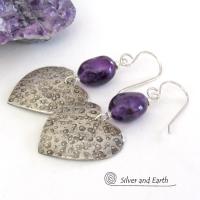 Sterling Silver Heart Earrings with Purple Amethyst Gemstones - Romantic Jewelry Gifts for Women