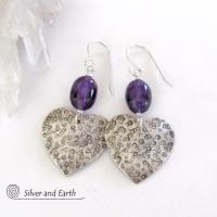 Sterling Silver Heart Earrings with Purple Amethyst Gemstones - Romantic Jewelry Gifts for Women