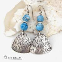 Textured Sterling Silver Earrings with Blue Apatite Gemstones - Artisan Handcrafted Modern Sterling & Stone Jewelry