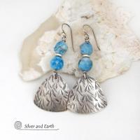 Textured Sterling Silver Earrings with Blue Apatite Gemstones - Artisan Handcrafted Modern Sterling & Stone Jewelry