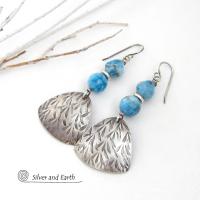 Textured Sterling Silver Earrings with Blue Apatite Gemstones - Artisan Handcrafted Modern Sterling & Stone Jewelry