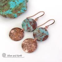 Rustic Hammered Copper Earrings with Aqua Jasper Stones- Natural Stone Jewelry