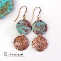 Rustic Hammered Copper Earrings with Aqua Jasper Stones- Natural Stone Jewelry