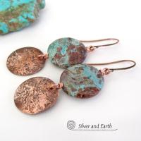 Rustic Hammered Copper Earrings with Aqua Jasper Stones- Natural Stone Jewelry