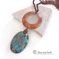 Copper Circle Pendant Necklace with Brown Blue Aqua Jasper Stone - Earthy Modern Chic Handmade One of a Kind Natural Stone Jewelry