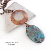 Copper Circle Pendant Necklace with Brown Blue Aqua Jasper Stone - Earthy Modern Chic Handmade One of a Kind Natural Stone Jewelry