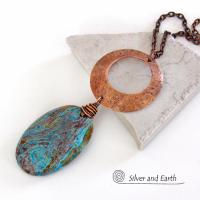 Copper Circle Pendant Necklace with Brown Blue Aqua Jasper Stone - Earthy Modern Chic Handmade One of a Kind Natural Stone Jewelry